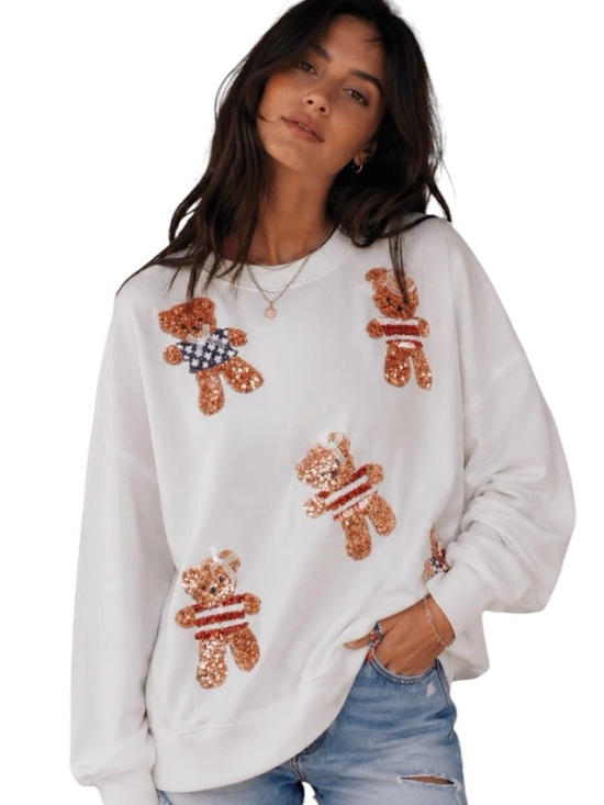 Tops - 865:  PEACH LOVE NEW SEQUIN BEARS SWEATSHIRT WHITE (H32)